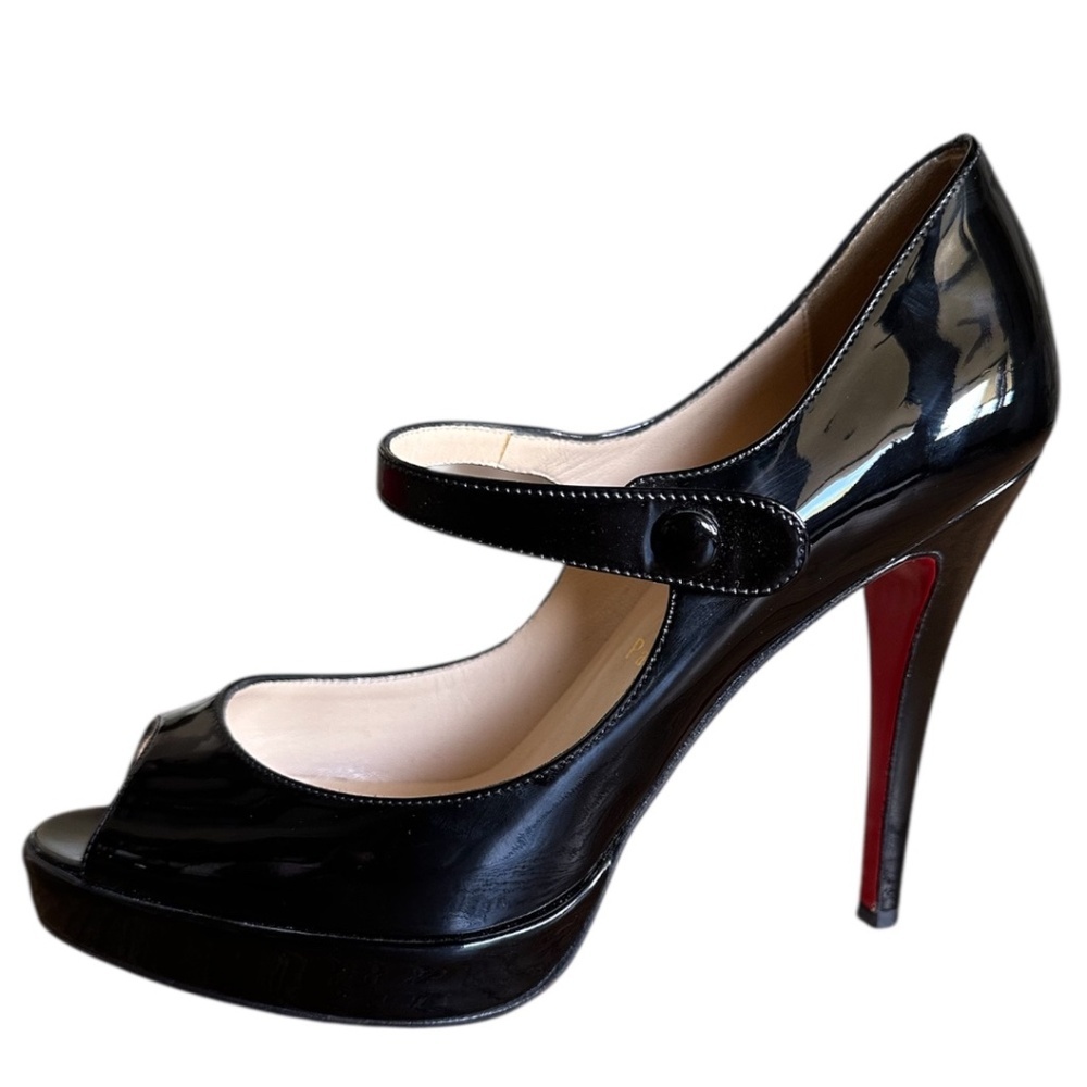 Authentic Christian Louboutin Black Patent Mary Jane Peep Toe Platform Heels